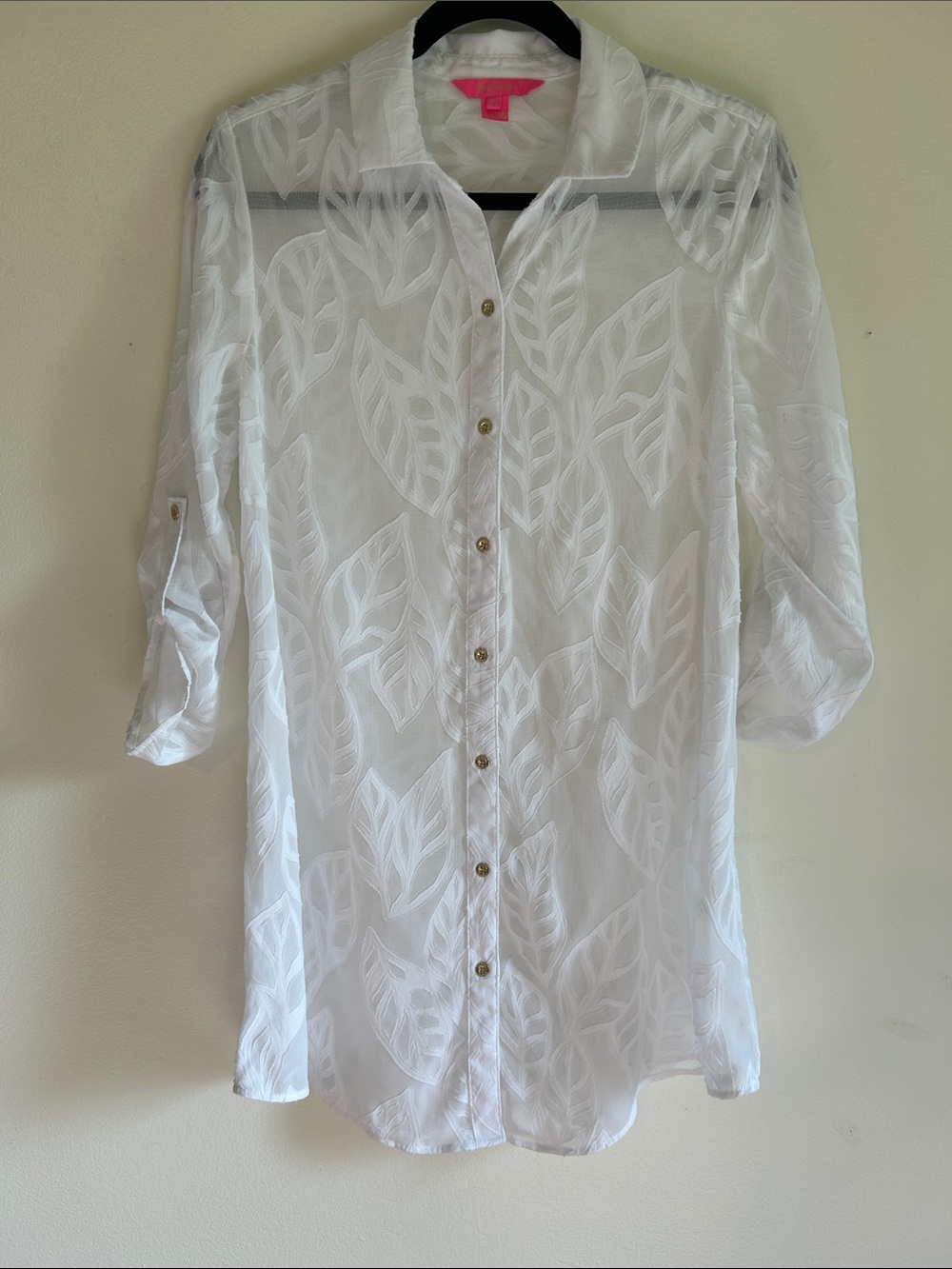 Lilly Pulitzer White Sheer Leaf-Embossed Button-Down Tunic Blouse Cover Up XS